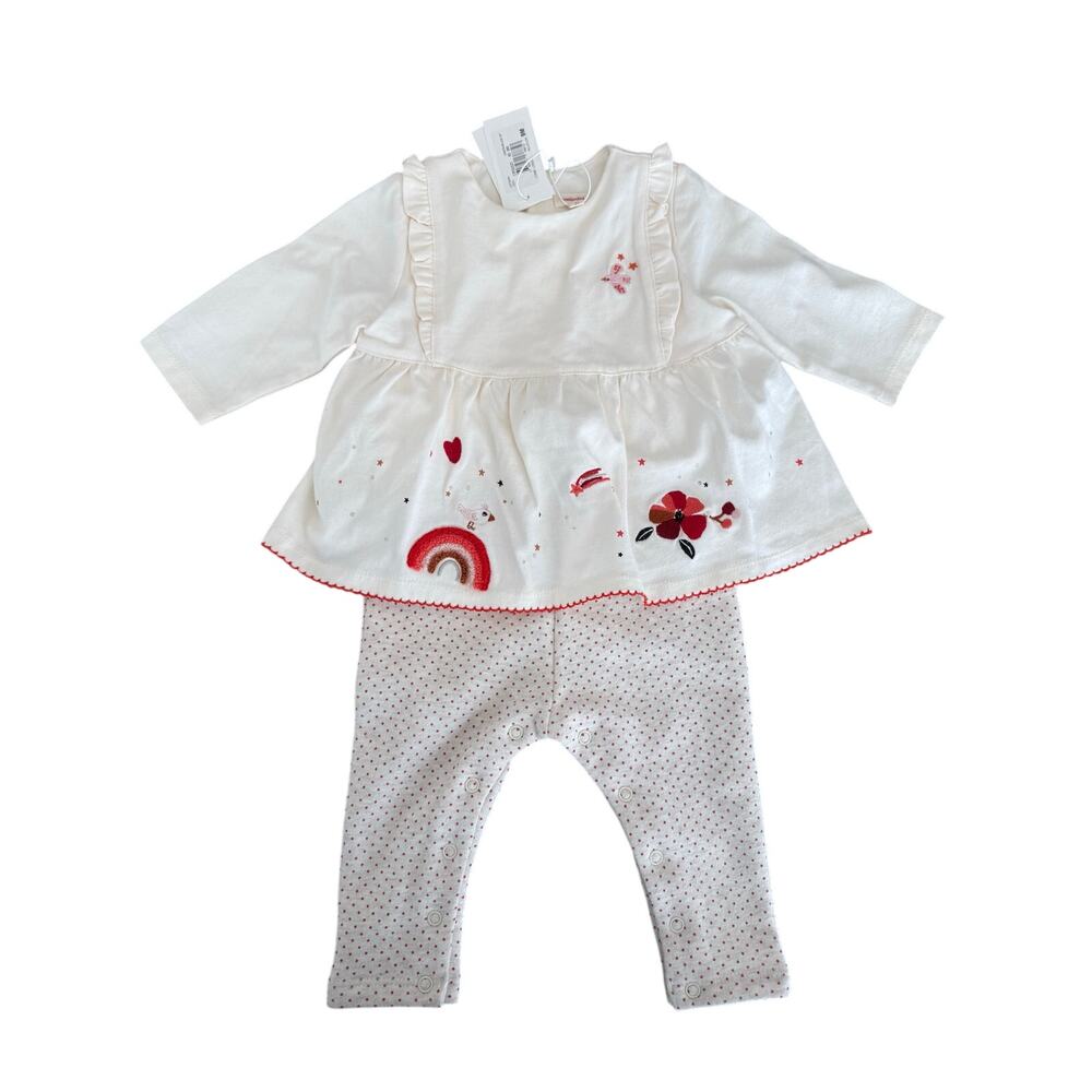 Catimini Baby Girls Embroidered Rainbow Romper Outfit Cream Red 9M NWT
